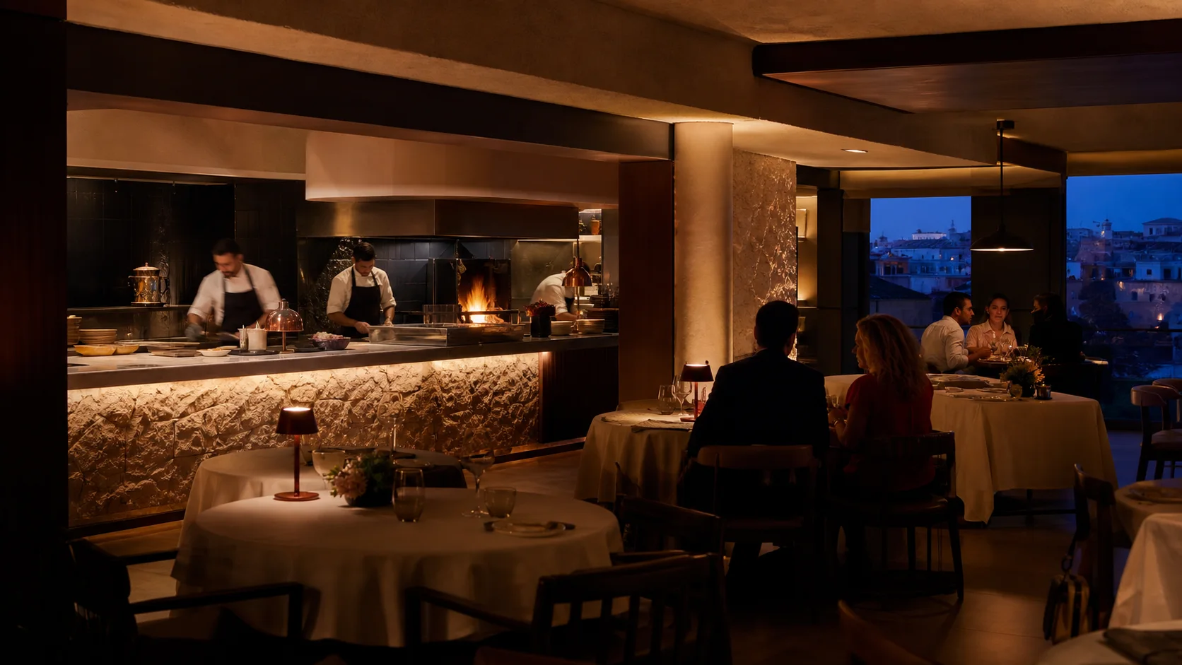 Casa Lume dining room and open kitchen at blue hour