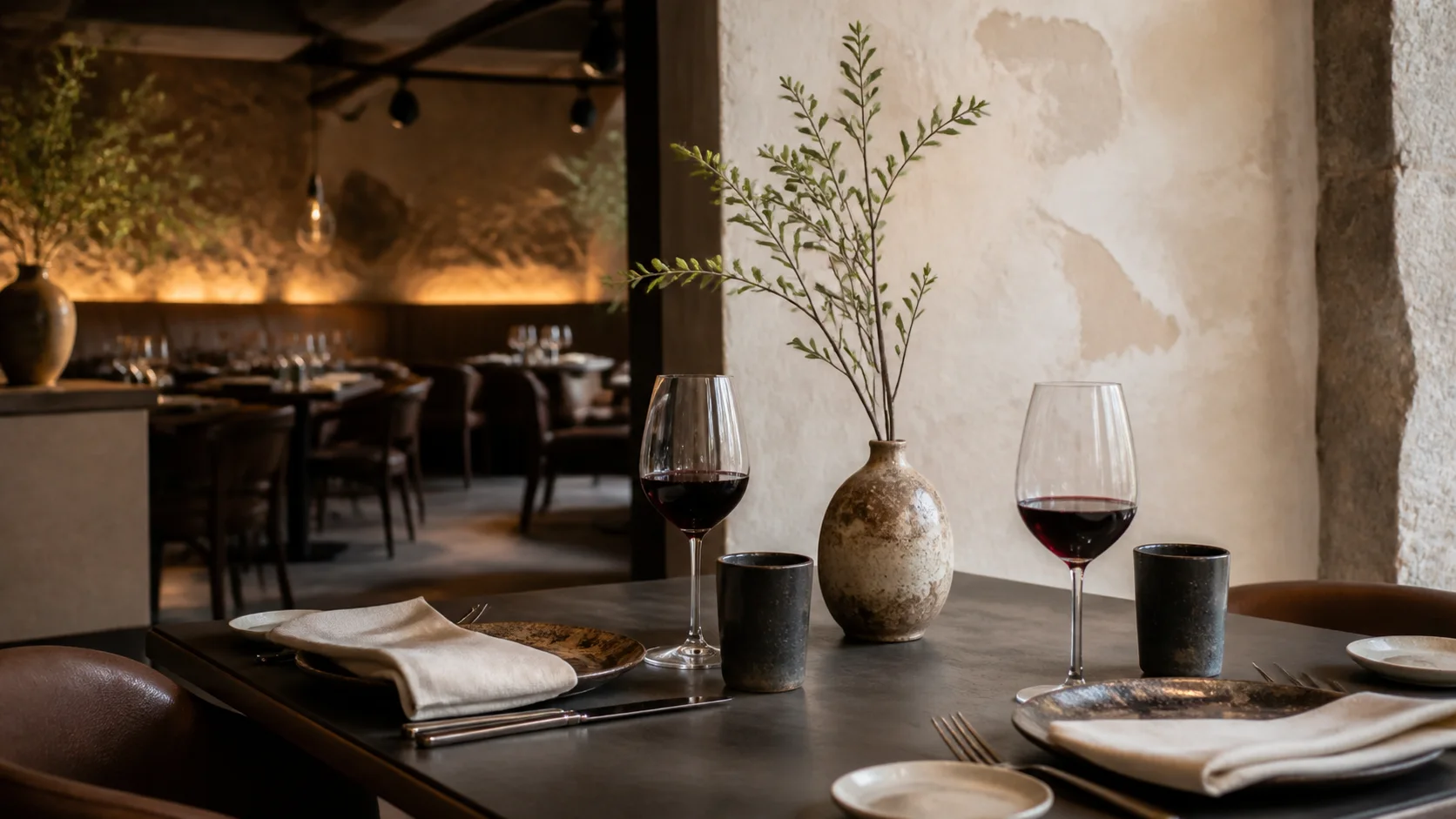 Table set with handmade ceramics and wine